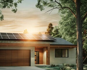 Modern Residential House with Solar Panels on Roof at Sunset
