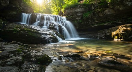 Fototapeta premium Water Flowing Over Rocks – relaxing Natural Stream and River Scene