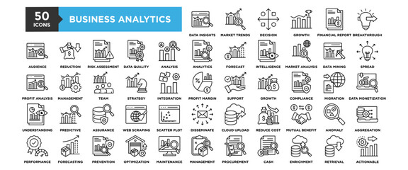 50 Business Analytics icon set. Containing design business, data, information, analytics, technology	
