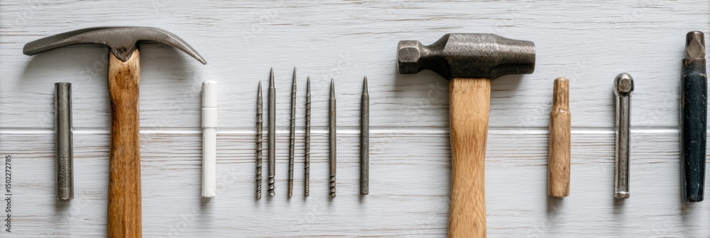 Poster flatlay of hammer and nails arranged on wood texture background showcasing tools for carpentry and d