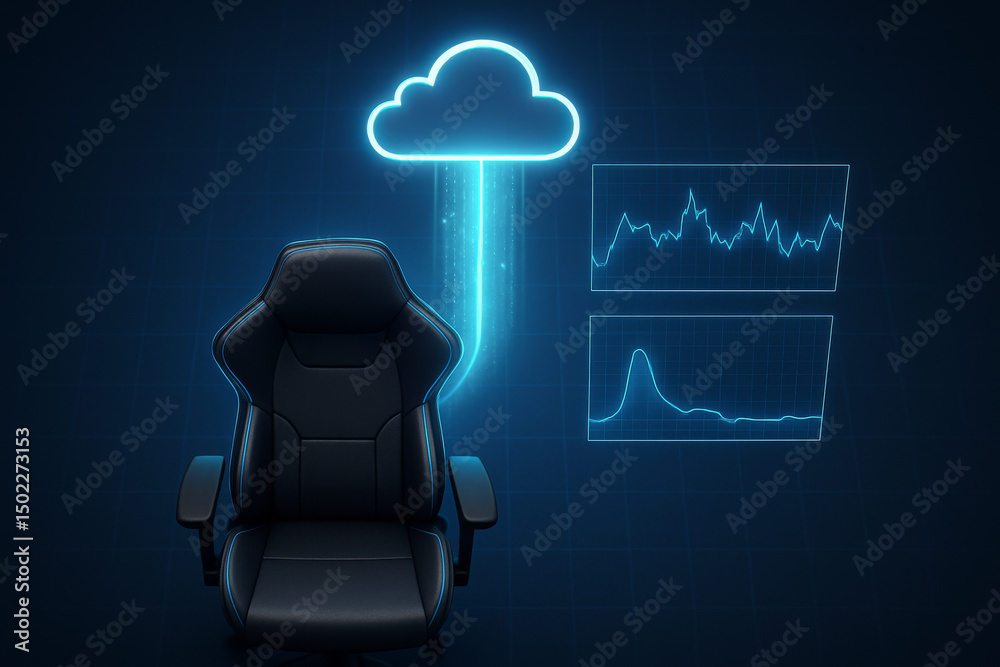 Leinwandbilder cloud gaming and latency concept. Futuristic gaming chair with cloud computing graphics.