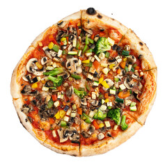 Pizza Vegetariana isolated on a white background. Vegetables like broccoli, zucchini, paprika and mushrooms as a topping with tomato sauce on the dough. Delicious Italian food ready to eat.