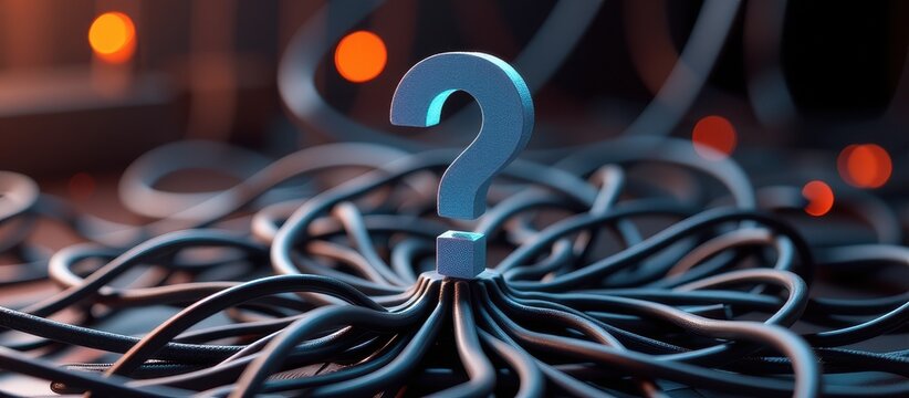 Question mark and root cause analysis concept. A question mark surrounded by tangled wires on a colorful background.