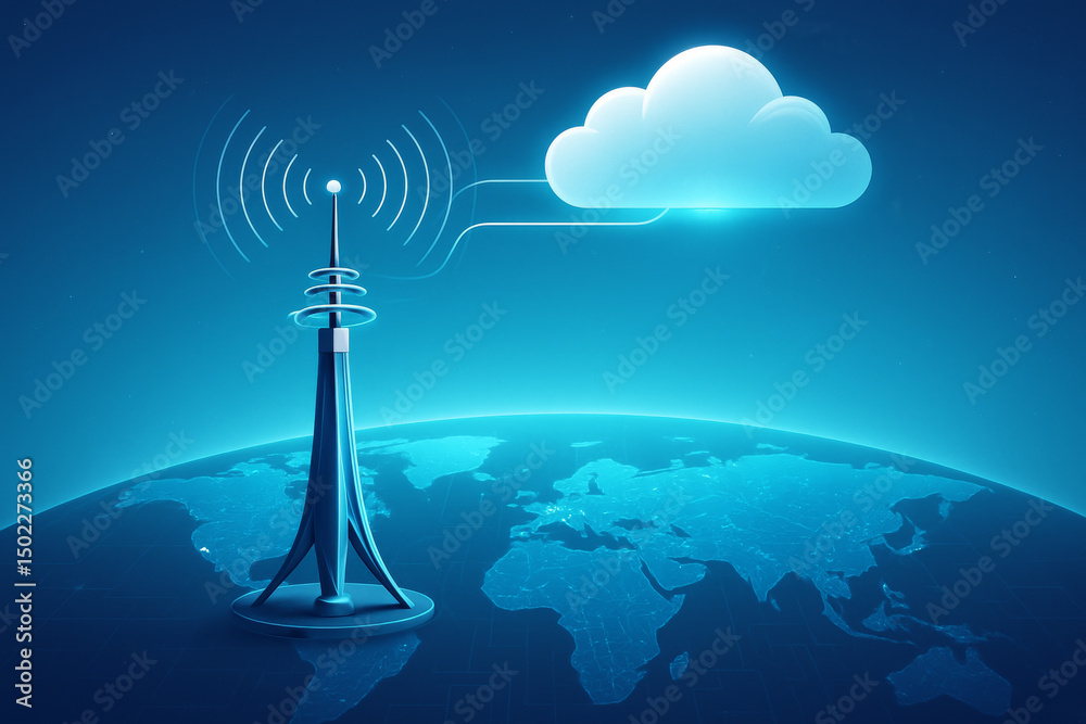 Leinwandbilder cloud gaming and latency concept. digital communication tower connected to cloud over a global map.