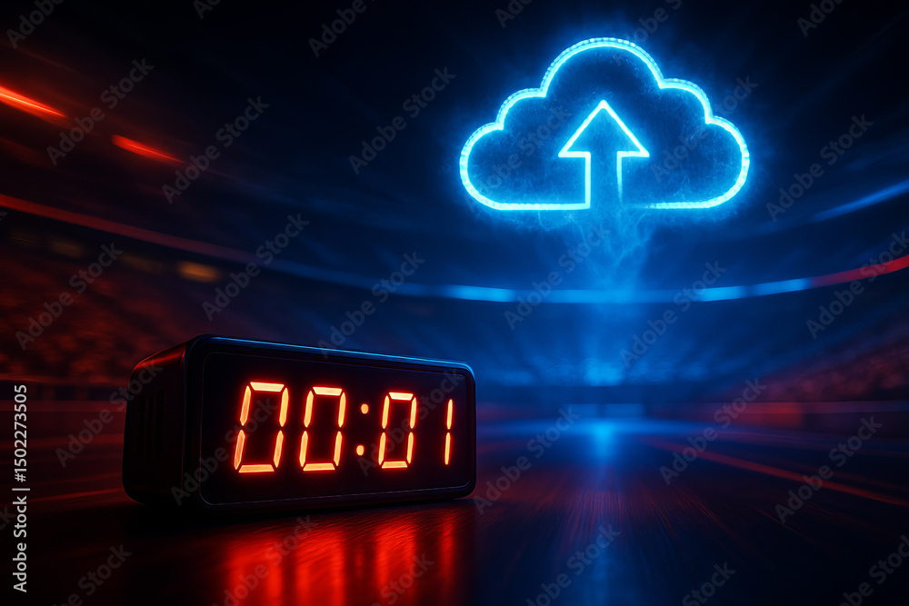 Aufkleber cloud gaming and latency concept. digital timer with cloud upload icon in a dramatic setting.