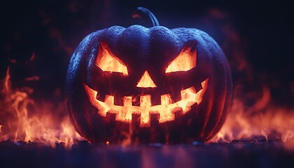 Fototapeta premium Glowing jack-o'-lantern in fiery background