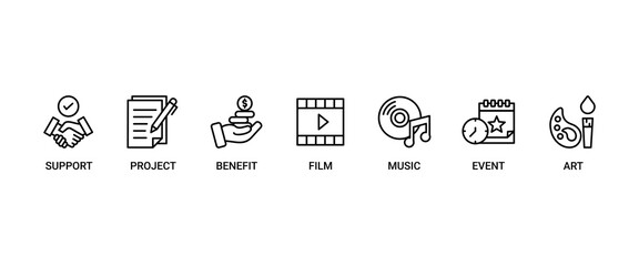 Sponsor banner web icon set vector illustration concept with icon of support, project, benefit, art, event, music, sport and film icons infographics symbol background