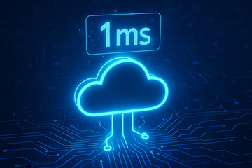 cloud gaming and latency concept. Digital cloud icon with low latency, glowing against a circuit background.