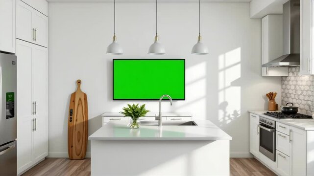 A modern white kitchen with island, stainless steel appliances, and a large green screen on the wall.