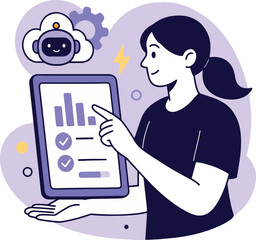 AI Analytics: Woman Analyzing Data with AI, Vector Illustration.