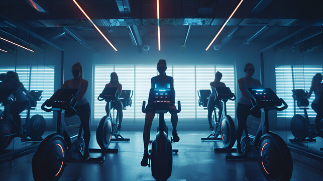 People riding stationary bikes in a gym with neon lights and a blue color cast in a fitness class .