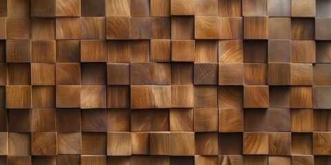 A wooden wall with many wooden blocks. The blocks are of different sizes and shapes. The wall has a rustic and natural feel to it