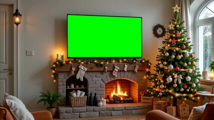 A cozy living room decorated for Christmas with a lit fireplace, a large TV, and an ornamented Christmas tree.