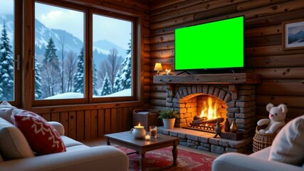 A cozy log cabin living room with a fireplace, candlelight, and a snowy mountain landscape viewed through large windows. - Powered by Adobe