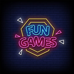 fun games neon sign with brick wall background vector