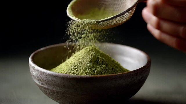 Matcha ceremony concept ,Finely sifted matcha green powder falls into bowl, showcasing vibrant color and texture for culinary tea