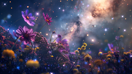 A field of flowers under a starry sky with purple and yellow blossoms in a dreamlike atmosphere .