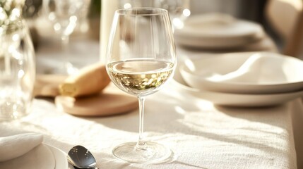Sunlit Table Setting with White Wine Glass
