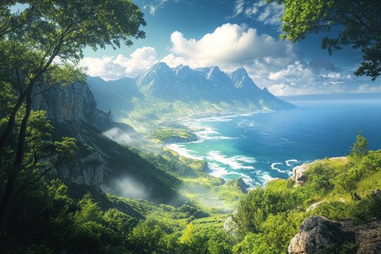 Lush coastal landscape with dramatic mountains and a vibrant ocean.  A serene vista of rugged terrain, lush vegetation, and sparkling water