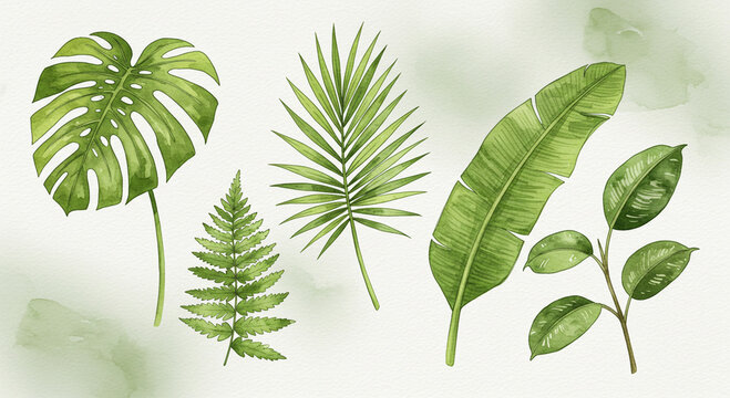 Tropical Green Leaves: Monstera, Fern, and Plantain