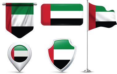 Set of United Arab Emirates (UAE) Flags in Different Shapes and Styles