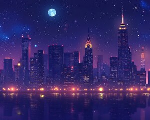 Cityscape at night with a full moon