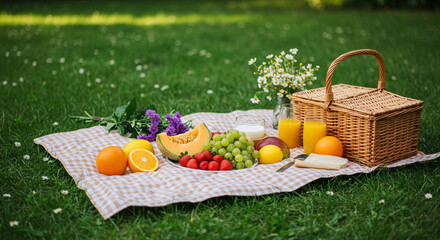 Picnic Basket Filled with Fresh Fruit and Tableware