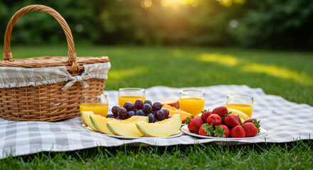 Picnic Basket Filled with Fresh Fruits and Produce