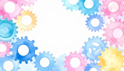 Gears engineering mechanics industrial watercolor concept. Colorful gears frame with a blank space in the center for text or design.