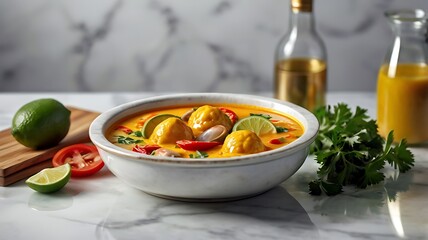 Creamy yellow soup with dumplings, lime, and chili peppers in a white bowl