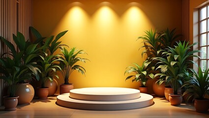 Obraz premium Minimalist Product Display Round Podium with Tropical Plants and Warm Yellow Wall