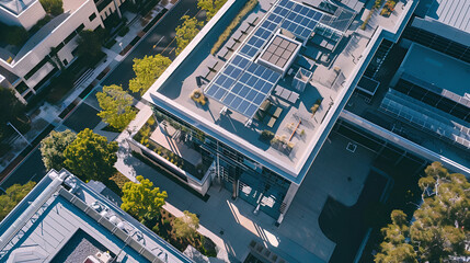 Aerial view of modern building with solar panels on the roof and trees surrounding the structure .