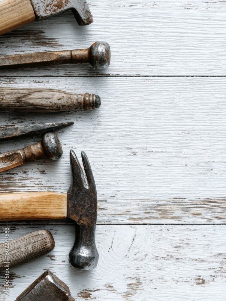 Poster Collection of Assorted Hammers and Nails on Textured Wood With a Clean White Margin for DIY or Construction Projects