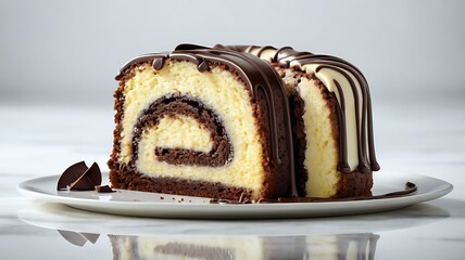 Decadent Chocolate Swirl Cheesecake Slice with Drizzled Ganache on White Plate