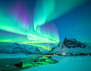 Vibrant Aurora Borealis Display over Snowy Mountains and Frozen