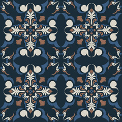 Seamless vintage damask floral tile design in blue and earthy tones, perfect for textile prints and home decor.