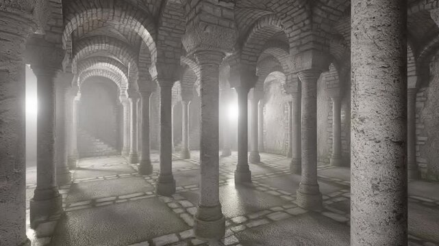 interior of an ancient castle with columns, 3d animation