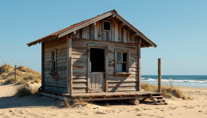 Shack beach hut concept. Rustic wooden beach house near sandy dunes and the ocean.