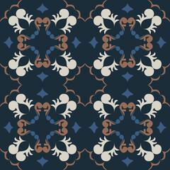 Seamless vintage damask floral tile design in blue and earthy tones, perfect for textile prints and home decor.