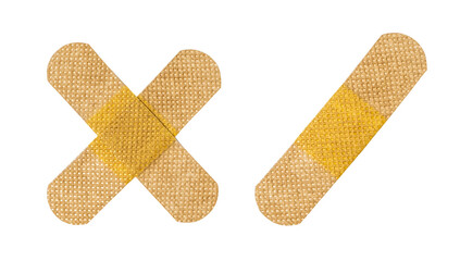 Two adhesive bandages arranged in cross and straight positions isolated on transparent background with detailed texture.