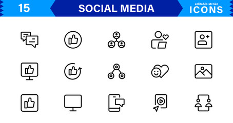 Modern Social Media Icon Set Featuring Communication, Network, Chat, Sharing, and Notification Symbols in a Minimal Professional Vector Style