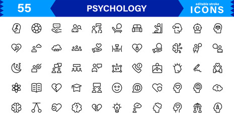 Professional Psychology Icon Set Featuring Mental Health, Therapy, Brain, Emotion, and Cognitive Elements in Clean Minimal Vector Illustration Style