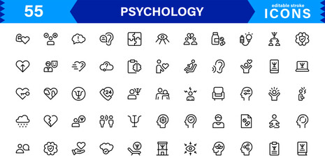 Professional Psychology Icon Set Featuring Mental Health, Therapy, Brain, Emotion, and Cognitive Elements in Clean Minimal Vector Illustration Style