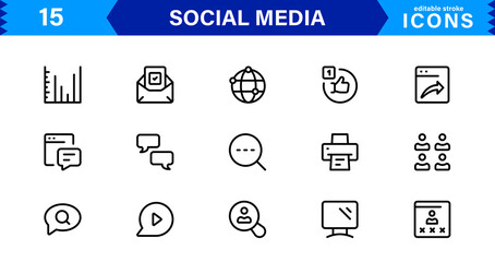 Modern Social Media Icon Set Featuring Communication, Network, Chat, Sharing, and Notification Symbols in a Minimal Professional Vector Style