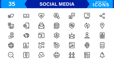 Modern Social Media Icon Set Featuring Communication, Network, Chat, Sharing, and Notification Symbols in a Minimal Professional Vector Style
