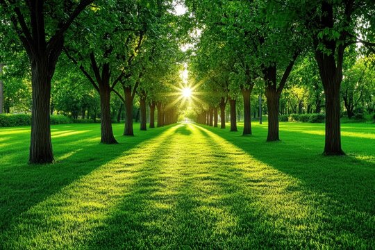 A green parkway with trees lining both sides and sunlight streaming through the end of the path