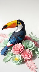 Naklejka premium Toucan papercraft art flowers tropical bird origami handmade colorful design avian wildlife nature craft 3d