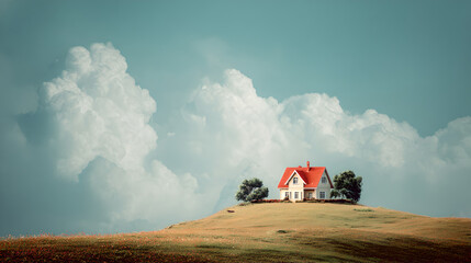 Obraz premium House on a Hill with Clouds, Idyllic Scenery and Serene Living 