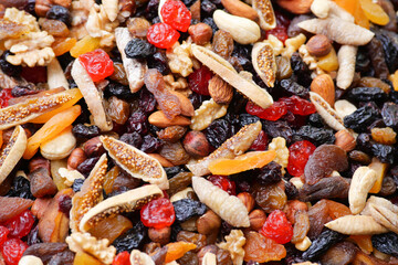 Colorful assorted nuts and dried fruits in a close view