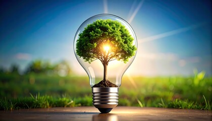 A tree growing inside of a lightbulb with a sun shining behind it, representing the idea of renewable energy